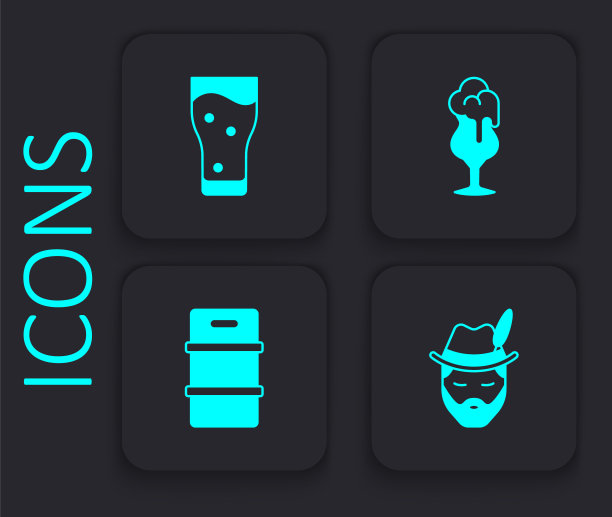 设置啤酒节男子，啤酒杯，和金属桶图标。黑色方形按钮。向量图片下载