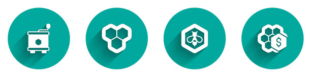 集采蜜器，蜂巢，蜜蜂和蜂巢图标销售与长影子。向量图片下载