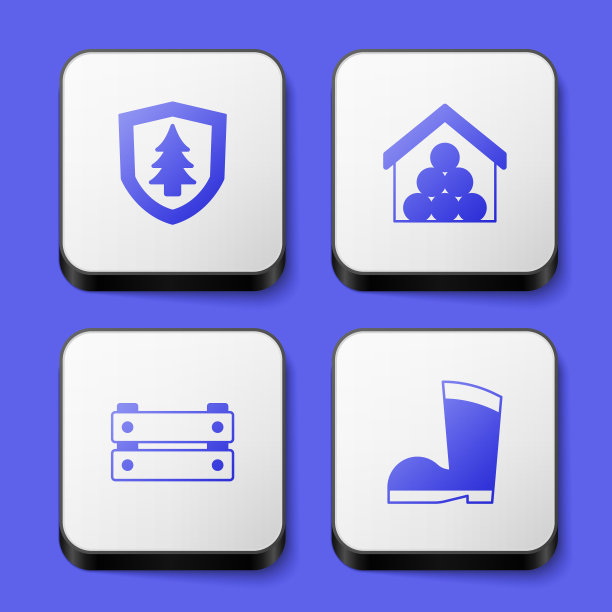 设置盾牌与树，木头，箱子和防水橡胶靴子图标。白色正方形按钮。向量图片下载