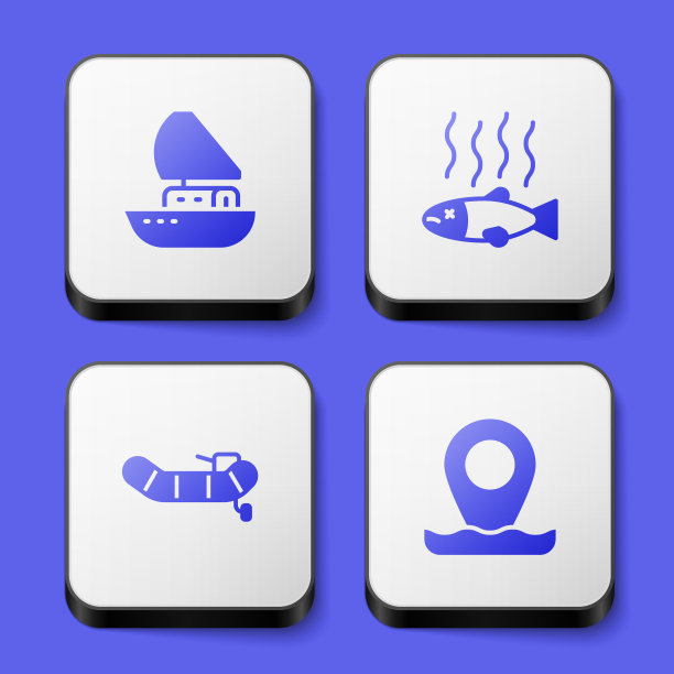 设置游艇帆船，死鱼，充气与电机和位置钓鱼图标。白色正方形按钮。向量图片下载