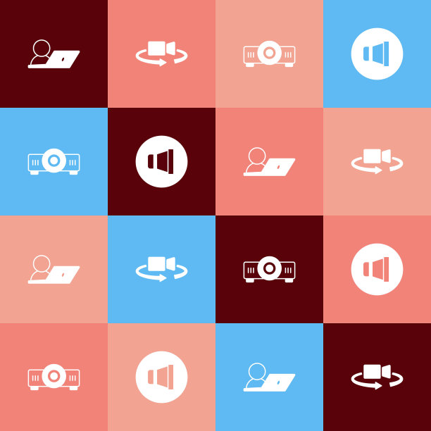 设置流行艺术视频聊天会议，360度视图，电影，电影，媒体投影仪和扬声器音量图标。向量图片下载