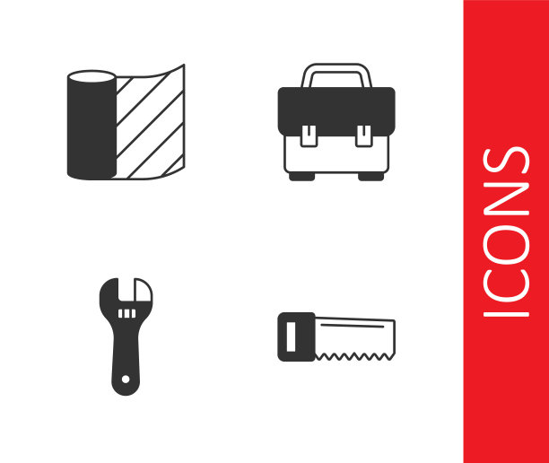 设置手锯，墙纸，活动扳手和工具箱图标。向量图片下载