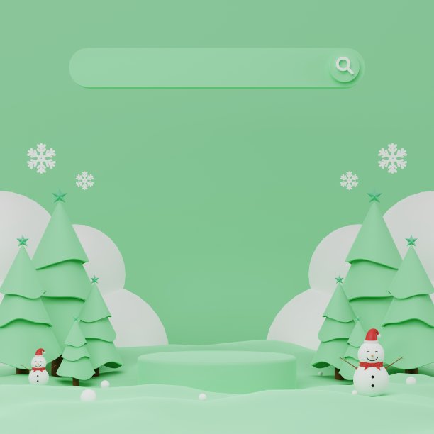 圣诞快乐讲台与搜索框，雪和雪人在室外场景。3D渲染图片下载