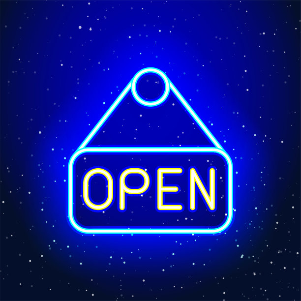 开放文本标志图标设计与霓虹灯蓝色衣架。图片下载