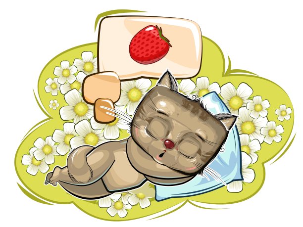 婴儿的小猫。草地和成熟的草莓都在做梦。儿童插图。洋甘菊。小动物睡着了。卡通风格的景观。孤立在白色背景。向量图片下载