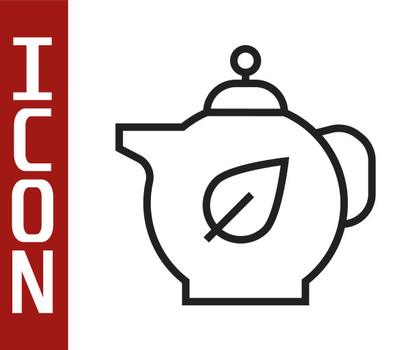 黑线茶壶与叶图标孤立在白色图片下载