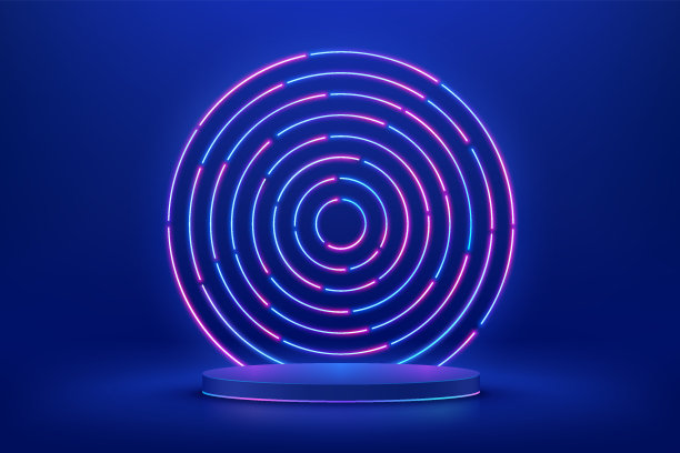 抽象现实的三维蓝色圆柱基座裙房与科幻深蓝色抽象房间辐射圈发光霓虹灯。矢量渲染产品显示演示。未来的场景。图片下载