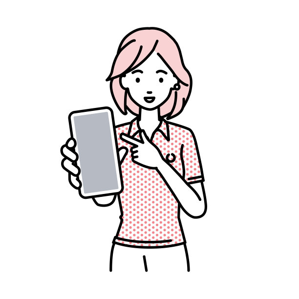 一位身着polo衫的女士微笑着向我推荐、求婚、展示并指着智能手机模型屏幕图片下载