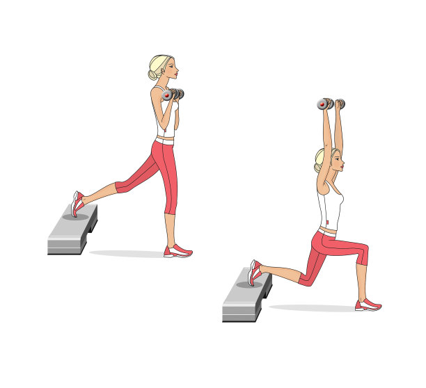 在台阶台上用哑铃进行训练。这个女孩正在台阶上做练习。腿部和臀部的肌肉。孤立在白色背景。图片下载
