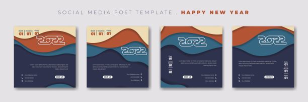 一套社交媒体帖子模板与简单的剪纸背景设计。新年快乐2022模板设计图片下载