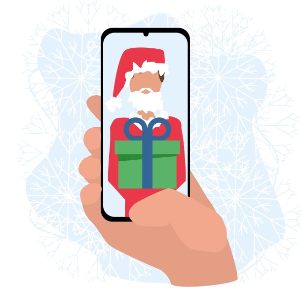圣诞老人用手中的智能手机，通过视频通话，祝贺圣诞，并赠送礼物。图片下载