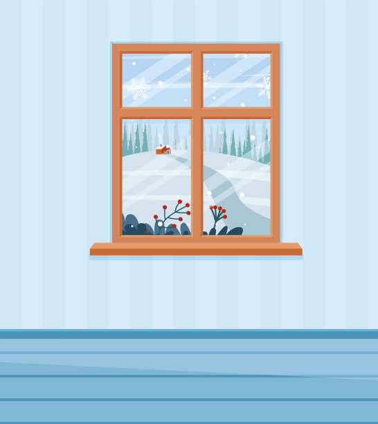 进入冬季景观窗口。平面卡通风格的矢量插图。图片下载