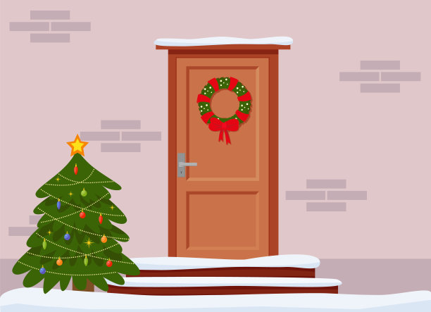 圣诞贺卡,旗帜。门窗为圣诞节而装饰。安逸、舒适。矢量图形。图片下载