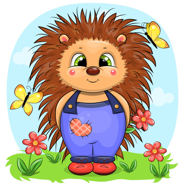 可爱的卡通刺猬与蝴蝶和花。图片下载