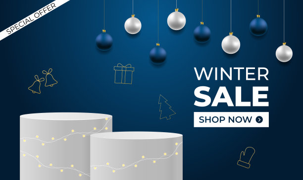 冬季销售3d平台豪华封面与圣诞玩具和黄金图标与花环。特价背景出售。图片下载