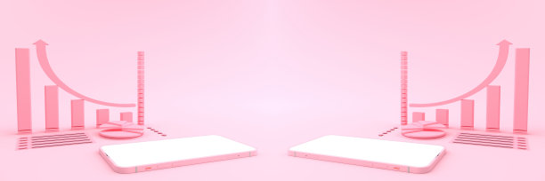 粉色智能手机白色屏幕的3D渲染模型对面的粉红色图形和圆形图形的模拟。智能手机白屏幕可用于商业广告，隔离在粉色背景上。图片下载