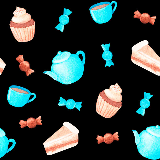 茶。无缝模式。水彩的插图。孤立在一个黑色的背景。图片下载