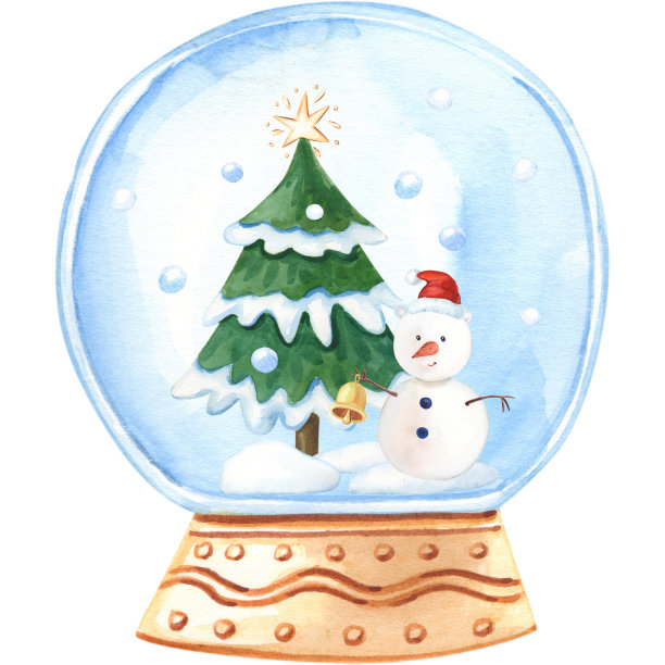 水彩雪花玻璃球。圣诞树，雪人，飘落的雪花。冬季插图卡。图片下载