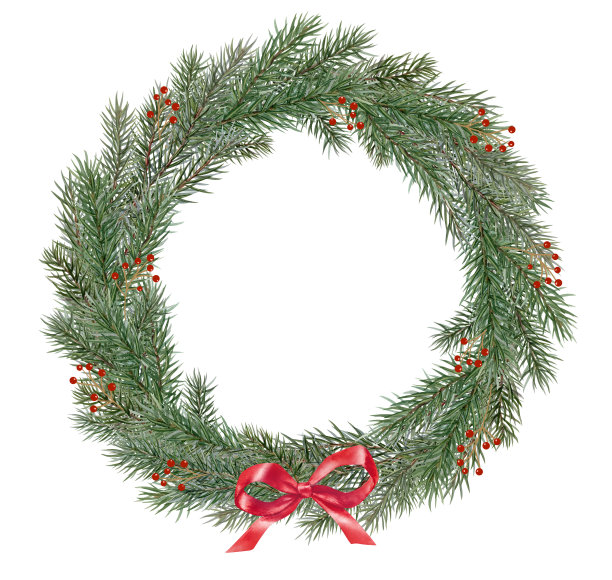 圣诞花环的冷杉枝，用红色的蝴蝶结，水彩画插图图片下载