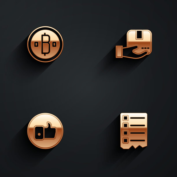 设置加密货币比特币，送手带箱，手喜欢和购物清单图标长影子。向量图片下载