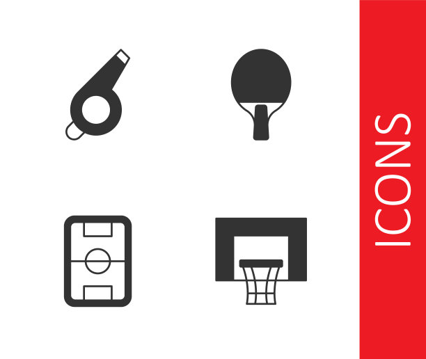 设置篮球篮板，哨子，足球场和球拍图标。向量图片下载