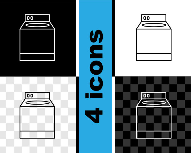 设置线洗衣机图标孤立在黑色和白色图片下载