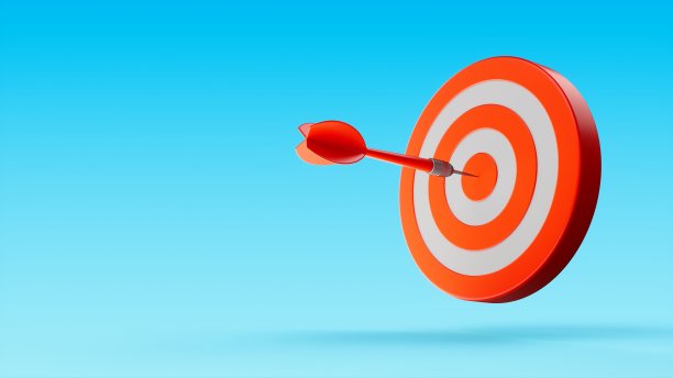 3D渲染红色飞镖瞄准Dartboard目标孤立在蓝色背景图片下载