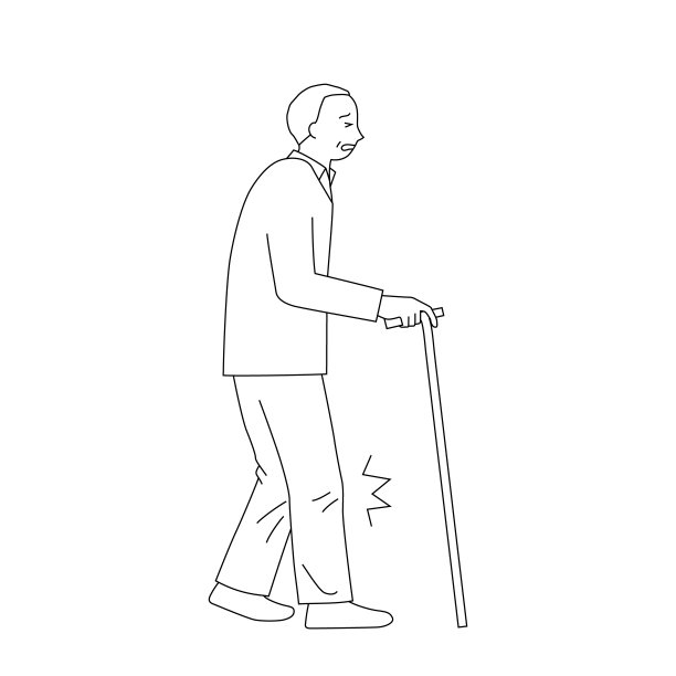 一个老人拄着拐杖走路的插图(膝盖疼痛)(白色背景，矢量，剪掉)图片下载