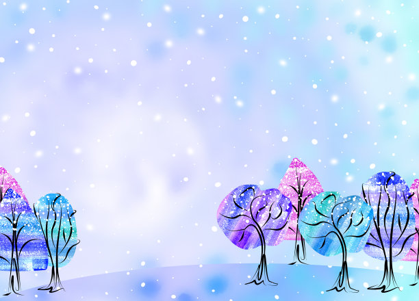 水彩冬季景观与森林。蓝色、紫色和紫色。模糊的背景图片下载