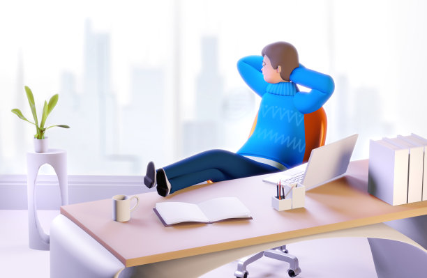 3 d渲染插图。快乐成功的商人在他办公室的书桌旁工作。办公室工作环境。忙碌的商人在办公室工作图片下载