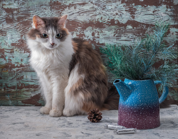 新年作文，毛茸茸的猫坐在桌旁，旁边有一束冷杉树枝图片下载