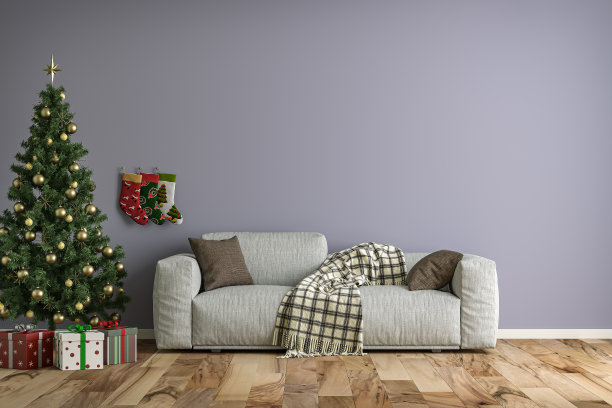 空荡荡的简单客厅里摆放着灰色的沙发、圣诞树和礼物图片下载