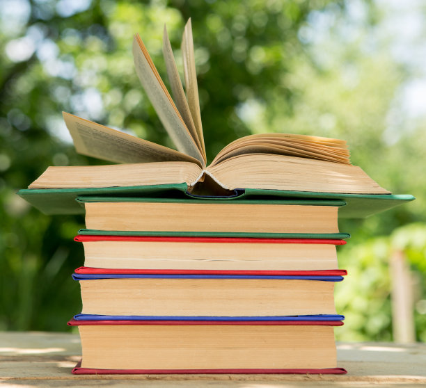 在花园里的木桌上打开一本书。阳光灿烂的夏日，读书在度假的概念图片下载