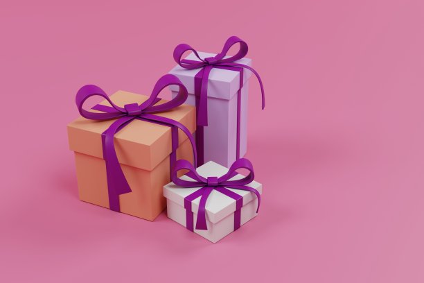 3个不同大小的礼品盒，带紫色蝴蝶结图片下载