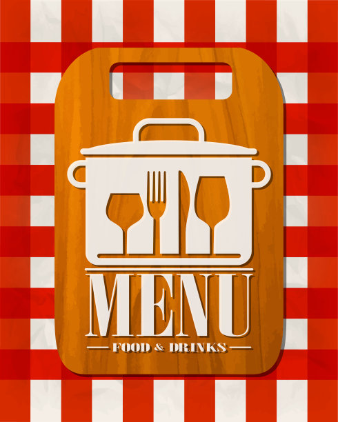 餐厅餐饮菜单，砧板放在红色桌布的背景上图片下载