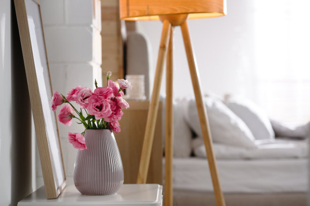 花瓶与美丽的桔梗花在桌子上在现代房间内部，为文字空间图片下载