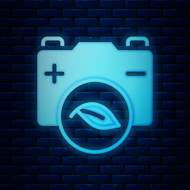 发光的霓虹灯生态自然叶子和电池图标图片下载