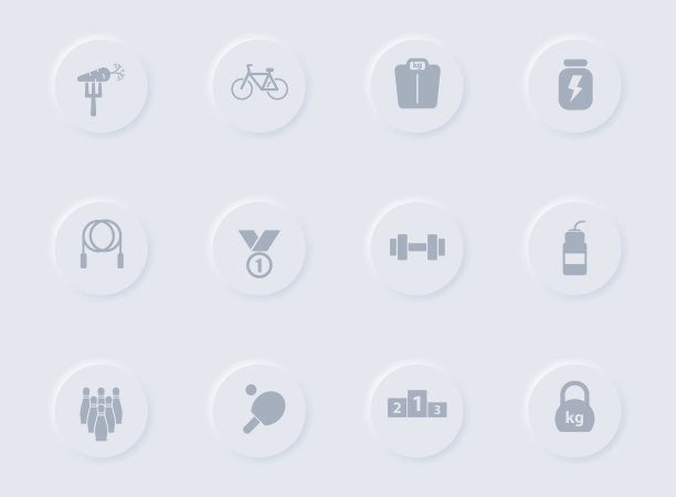 运动灰色矢量图标上的圆形橡胶按钮。运动图标集的web，移动应用程序，UI设计和促销业务测谎图片下载