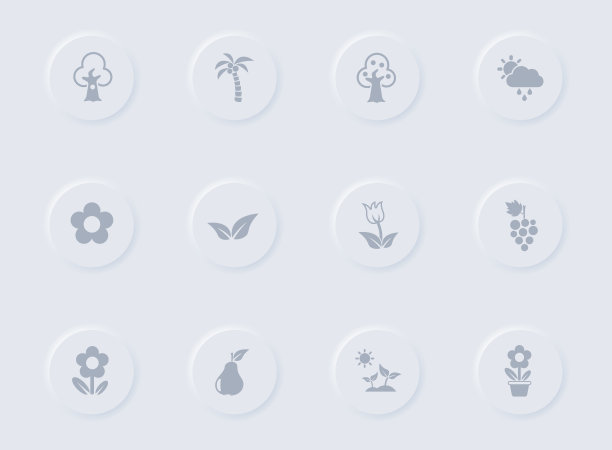 在圆形橡胶按钮上种植灰色矢量图标。植物图标集网页，移动应用程序，UI设计和促销业务测谎图片下载