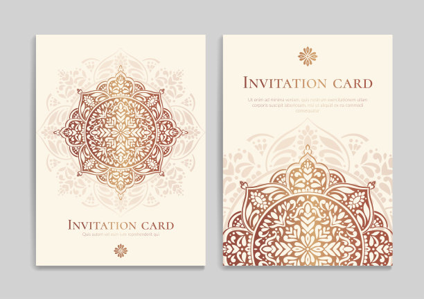 金色和米色的邀请卡设计与向量曼荼罗图案。古董装饰模板。可用于背景和壁纸。优雅而经典的矢量元素非常适合装饰。图片下载