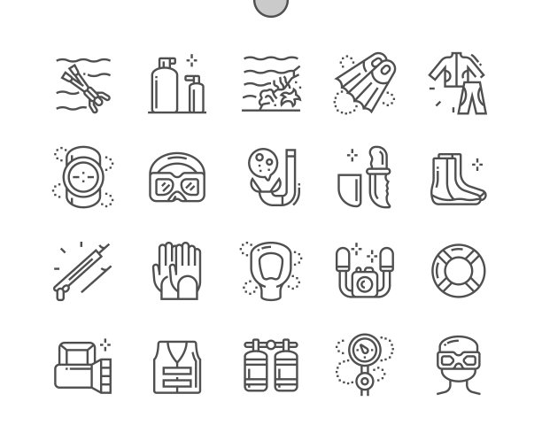 潜水。氧气钢瓶。水下相机。安全背心。游泳潜水。活动,休闲,水生。像素完美矢量细线图标。简单的最小的象形图图片下载