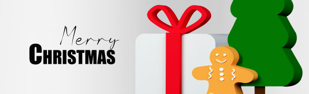 圣诞节3d渲染横幅或贺卡现代最小圣诞装饰与树，饼干，礼盒在白色背景图片下载