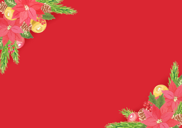 圣诞花环的水彩插图与一品红花的背景图片下载
