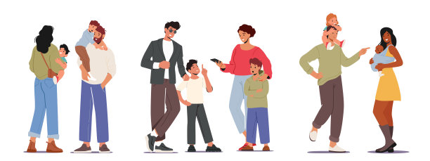 设置慈爱的父母与孩子，母亲和父亲白人和非洲民族性格的婴儿和幼儿图片下载