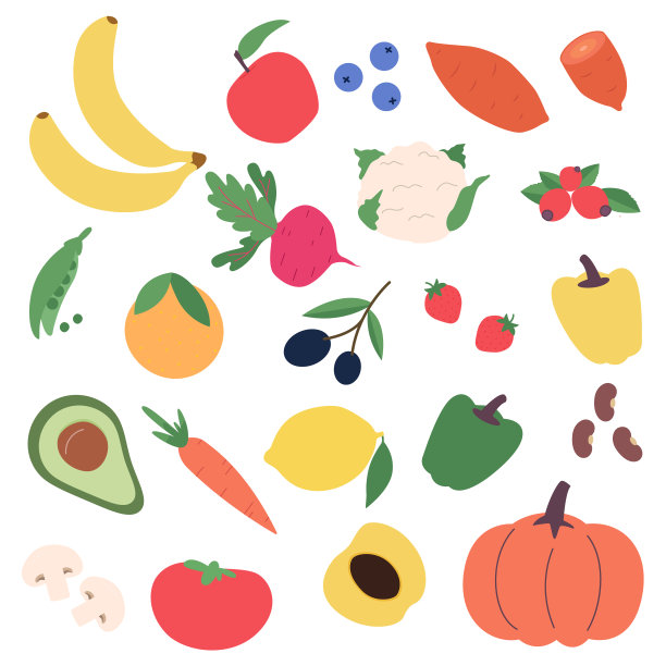 设置手绘彩色涂鸦蔬菜和水果。İsolated图标收藏:香蕉、苹果、浆果、橙子、萝卜、辣椒、红薯、南瓜、胡萝卜、蘑菇。 矢量插图卡通平风格图片下载