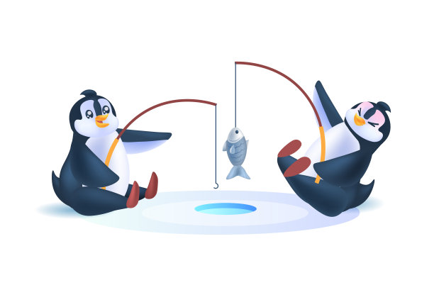 可爱的企鹅用杆子钓南极的鸟一起钓鱼全长水平图片下载