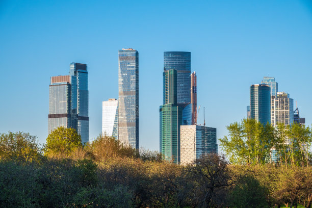 绿树背景在莫斯科现代摩天大楼。新莫斯科城市建筑在春天的全景图片下载
