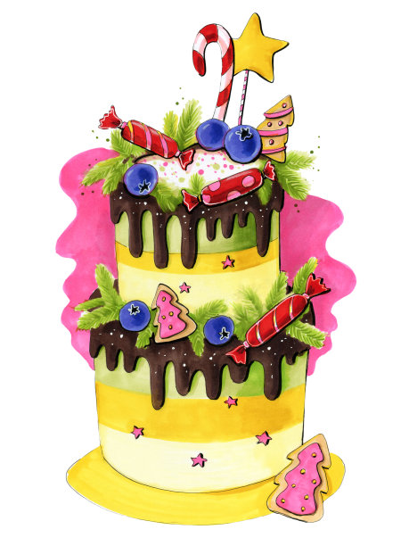 用马克笔手绘草图多汁的图片新年和圣诞蛋糕与云杉树枝和红色的大糖果星星和棒棒糖两个层次与巧克力在明亮的岩石背景特写图片下载