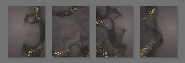 水彩背景与抽象的黑色墨水波浪和金色飞溅。图片下载