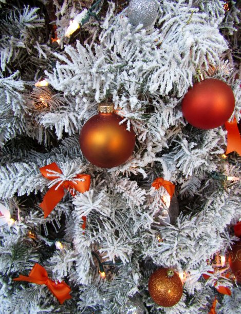 冷杉树上的橙色圣诞饰品。图片下载